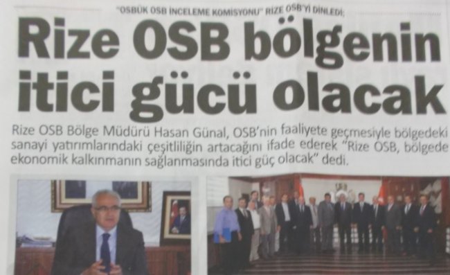 Rize OSB Sanayi Gazetesi'nde...